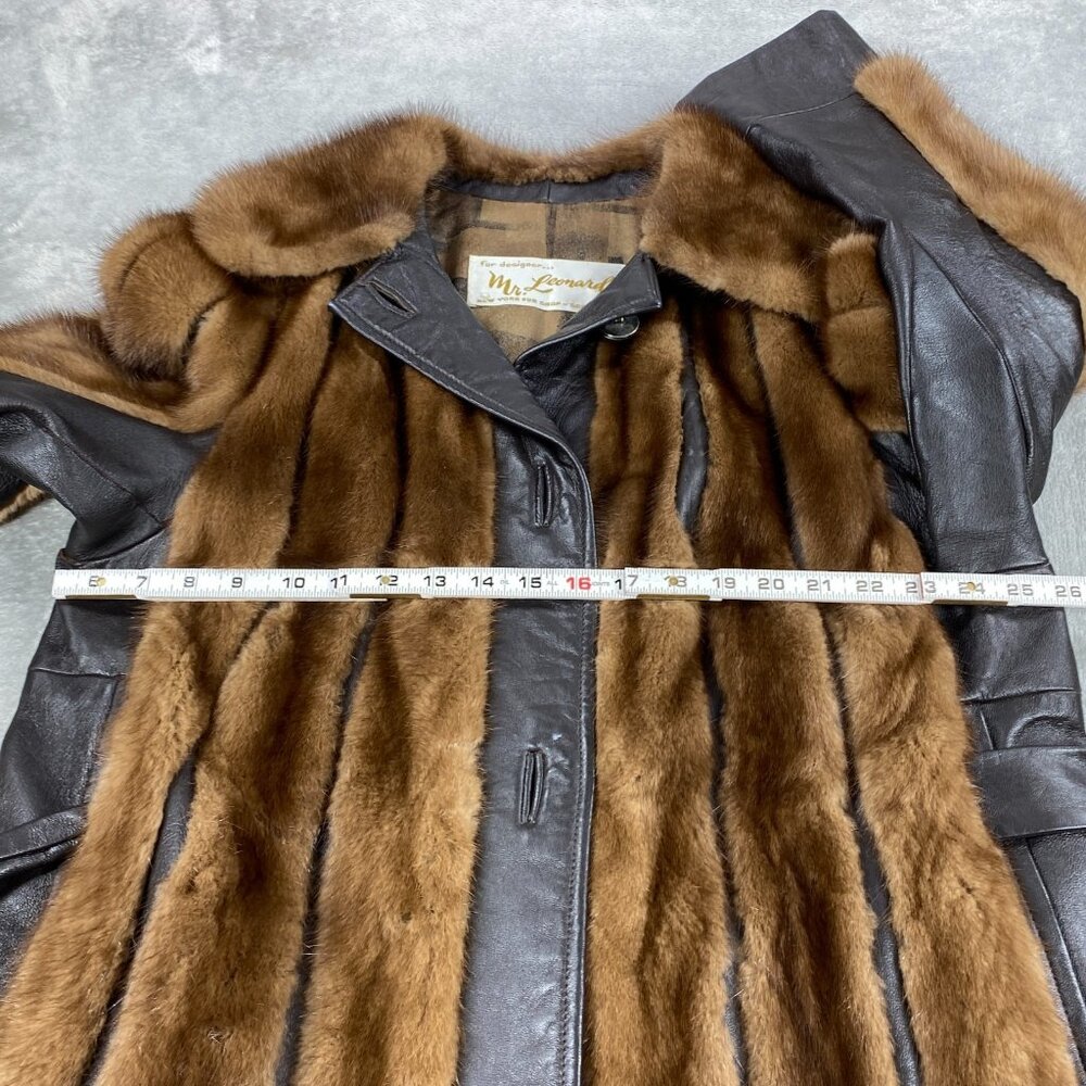 Vtg Mr. Leonard Jacket Women Brown Fur Leather Belted Waist Classic 70’s - Picture 7 of 14